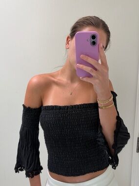 Italian Made Black Off-Shoulder Top with Puffy Sleeves